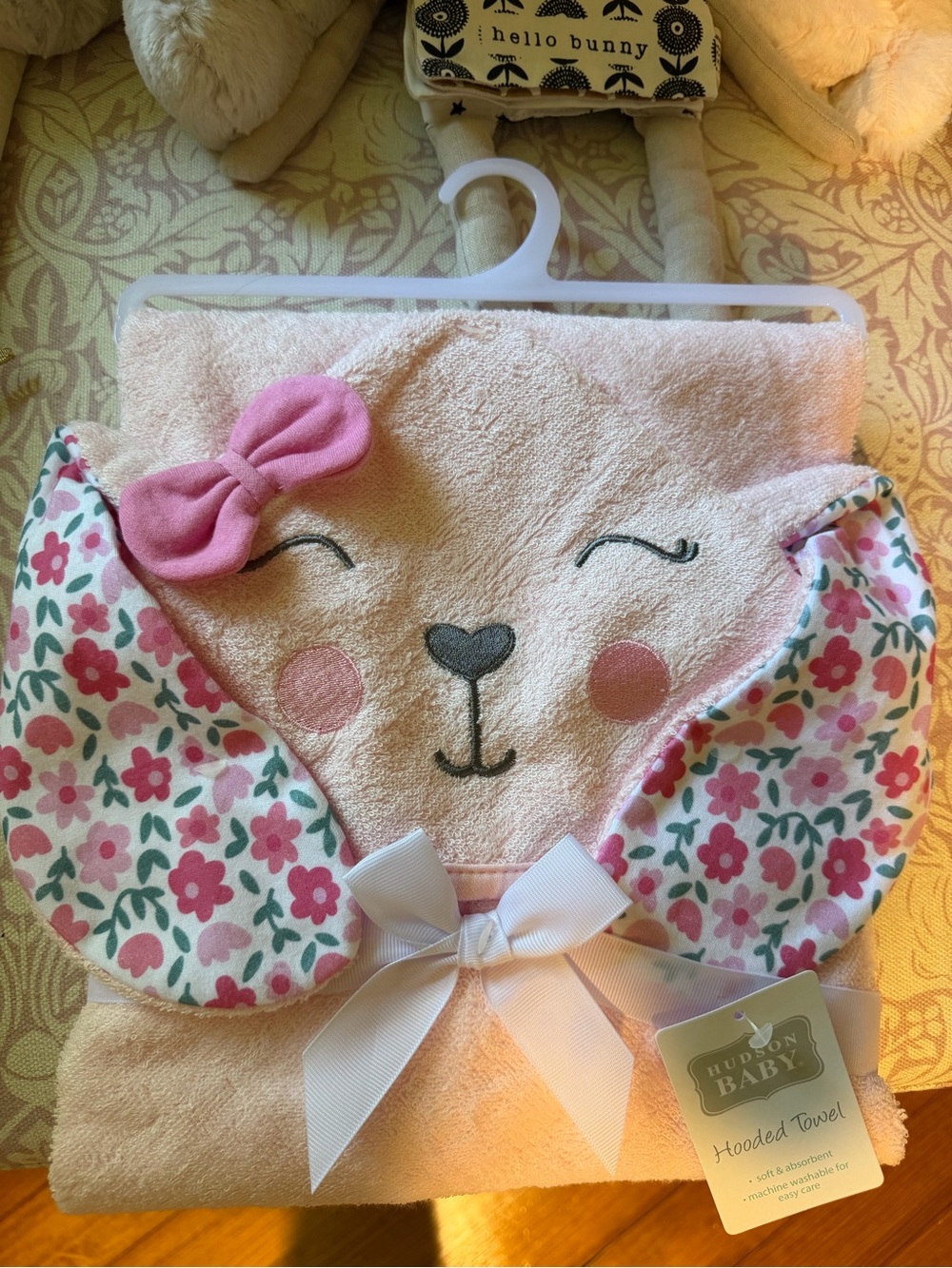 Hudson Baby Light Pink Floral Hooded Bib with Bunny Face and Bow